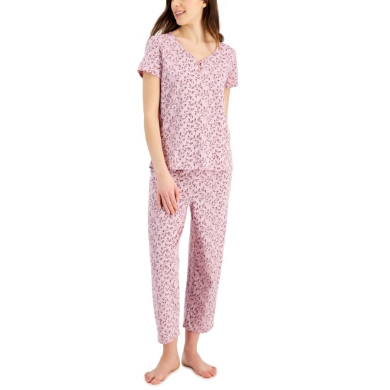 Womens Short Sleeve Cotton Essentials Printed Pajama Set, Pink, X-Small