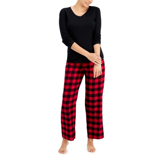  Womens V-Neck T-Shirt & Flannel Pants Pajama Set, Red, Large