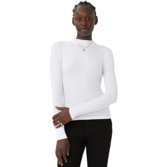  Women’s Staple Rib Mock Neck Long Sleeve Top, White, Medium