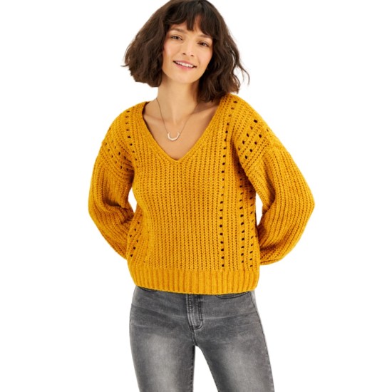  Juniors’ Chenille Pointelle Sweater, Apricot, Small