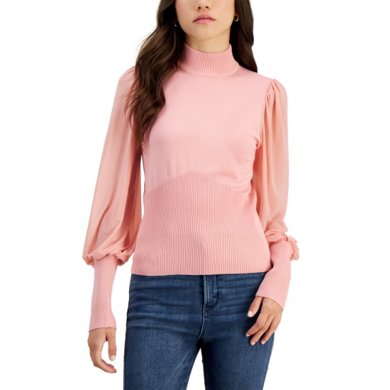  Juniors’ Mock Neck Mixed-Media Sweater, Pink, Medium