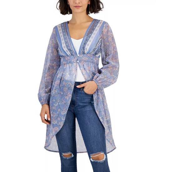  Juniors’ Button-Waist Blouson-Sleeve Kimono, Blue, Large