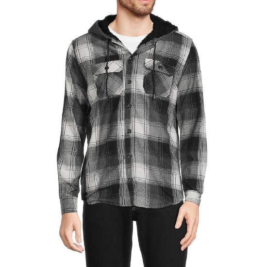  Men’s Plaid Faux Shearling Lined Hooded Shacket, Black, X-Large