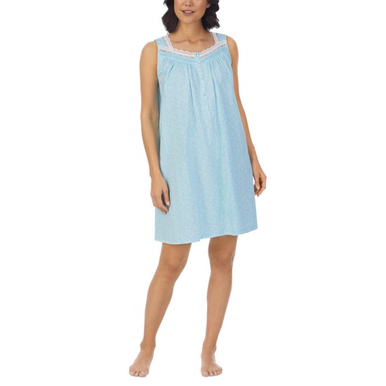  Women’s Sleeveless Cotton Short Nightgown, Blue, Large