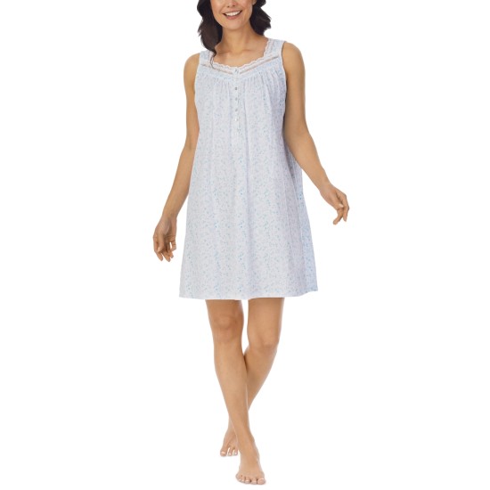  Women’s Sleeveless Cotton Short Nightgown, Light Blue, Medium