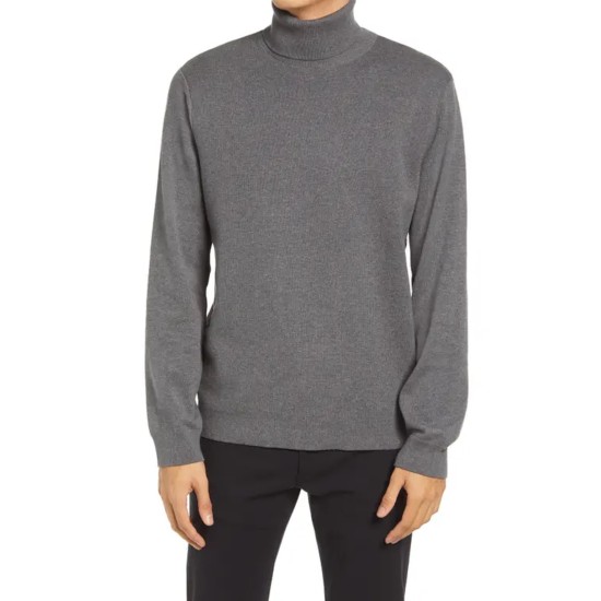  Men’s Milano Slubbed Turtleneck Sweater, Grey, Large