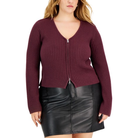  Trendy Plus Size V-Neck Zip-Up Sweater, Wine, 1X