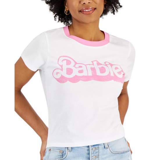  Juniors’ Barbie-Graphic Cotton Ringer T-Shirt, White, XS