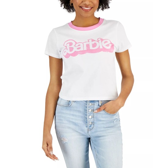  Juniors’ Barbie-Graphic Cotton Ringer T-Shirt, White, XS