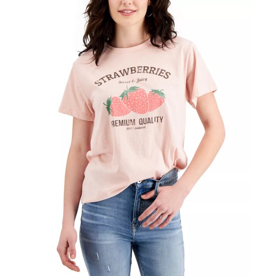  Juniors’ Strawberries Graphic Print T-Shirt, Rose Smoke, XS