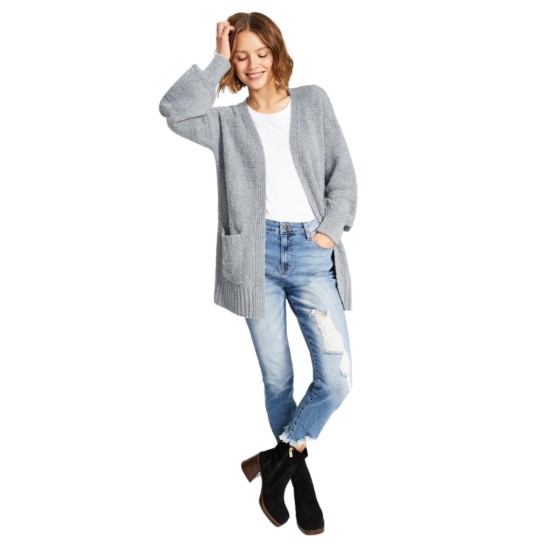  Juniors’ Boucle Long-Sleeve Cardigan Sweater, Silver Slate, XL