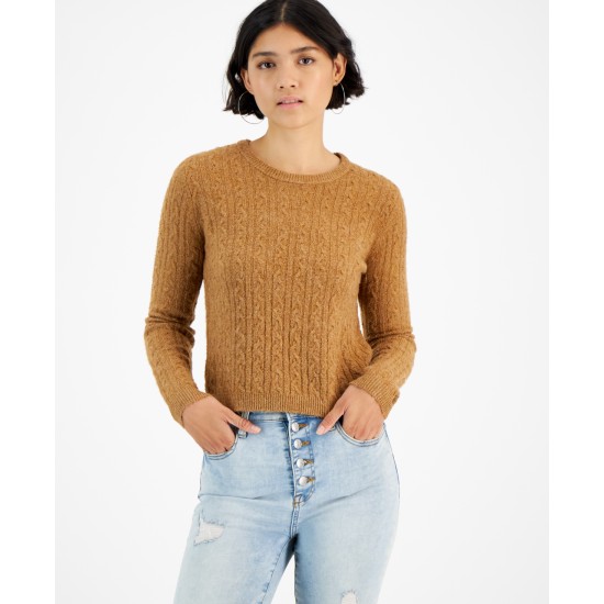  Juniors’ Cable-Knit Crewneck Pullover Sweater, Brown, Large