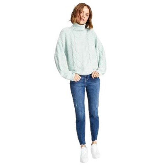  Juniors’ Cable-Knit Turtleneck Sweater, Mint Freeze, Large