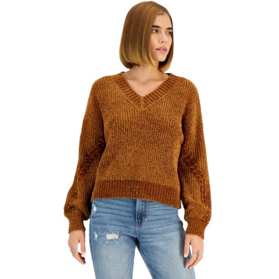  Juniors’ Chenille Cable-Knit V-Neck Sweater, Brown, Medium