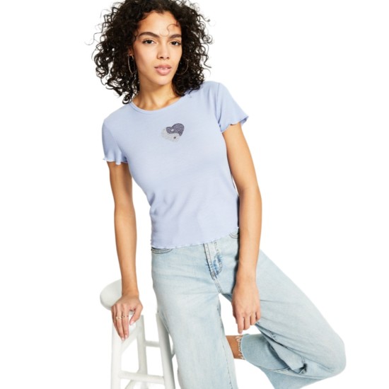  Juniors’ Crewneck Short-Sleeve Rhinestone T-Shirt, Blue, Medium