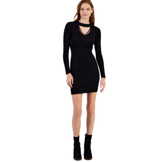  Juniors’ Cutout Ribbed Sweater Mini-Dress, Black, Medium