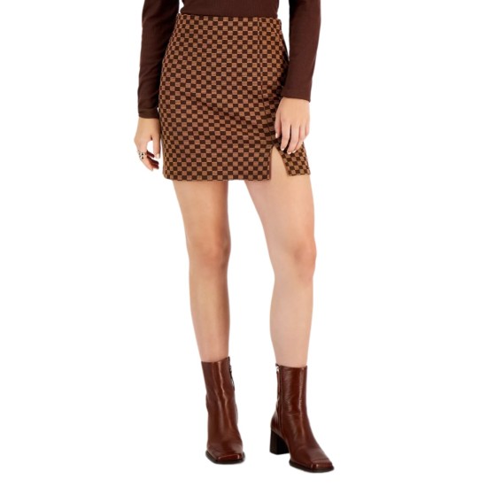  Juniors’ Jacquard Side-Slit Mini Skirt, Dark Brown, Small