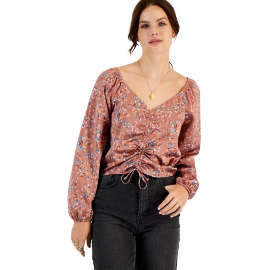 Juniors’ Ruched-Front Satin Top, Mocha Rose Foral, Small