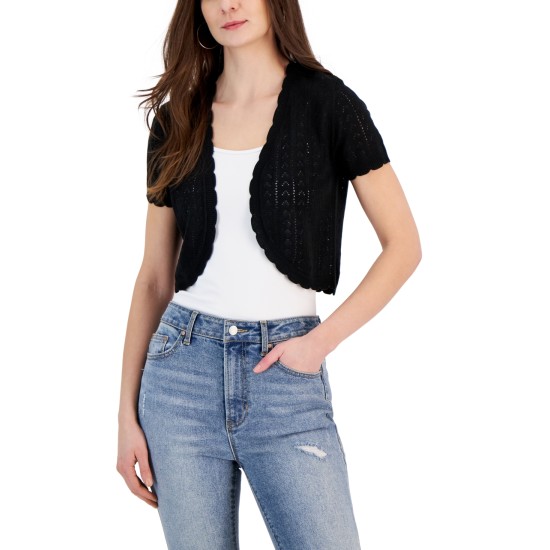  Juniors’ Short Sleeve Pointelle Cardigan Sweater, Black, Small