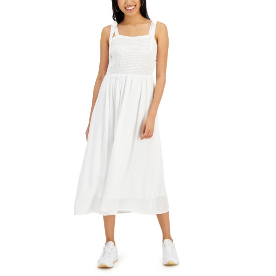  Juniors’ Smocked Sleeveless Midi Dress, Ivory, Small
