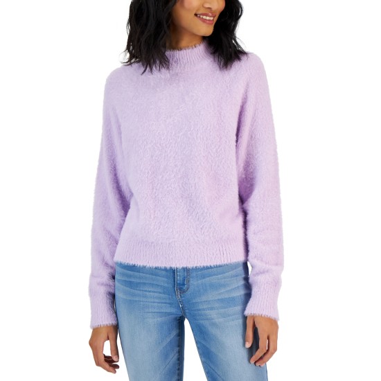  Juniors’ Eyelash Mock-Neck Raglan-Sleeve Sweater, Pale Lilac, Small