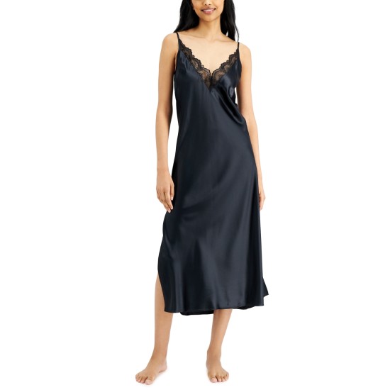  Womens Lace-Trim Long Satin Lingerie Nightgown, Black, Small