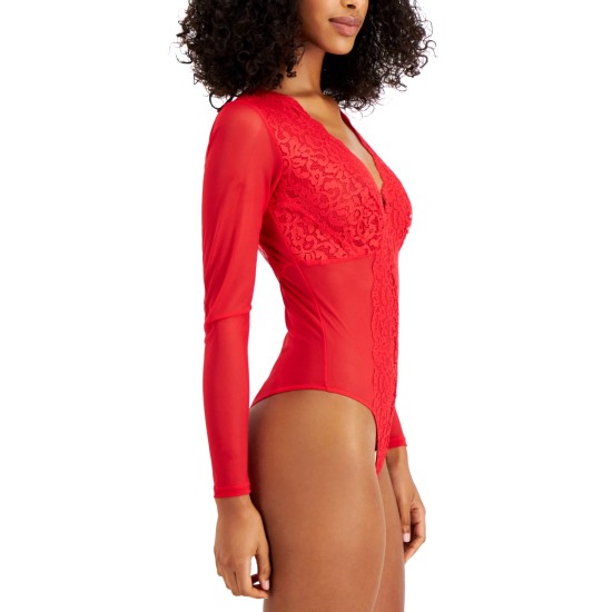  Womens Not So Basic Long-Sleeve Lace Mesh Bodysuit, Red, Large