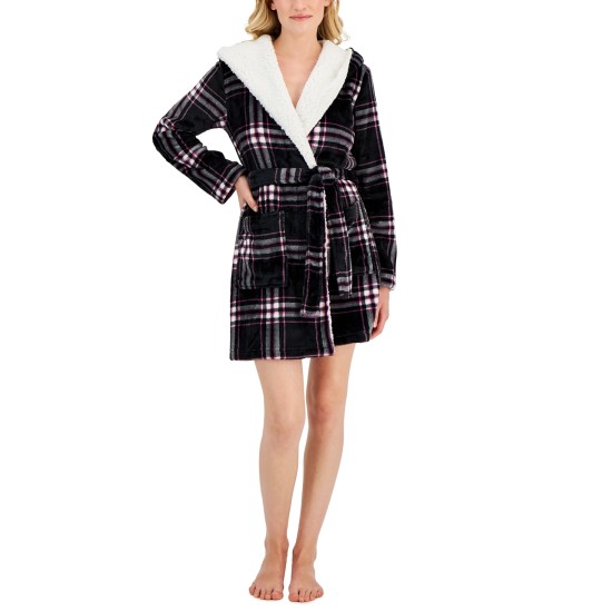  Women’s Printed Short Sherpa Hooded Robe, Black, XL/XXL