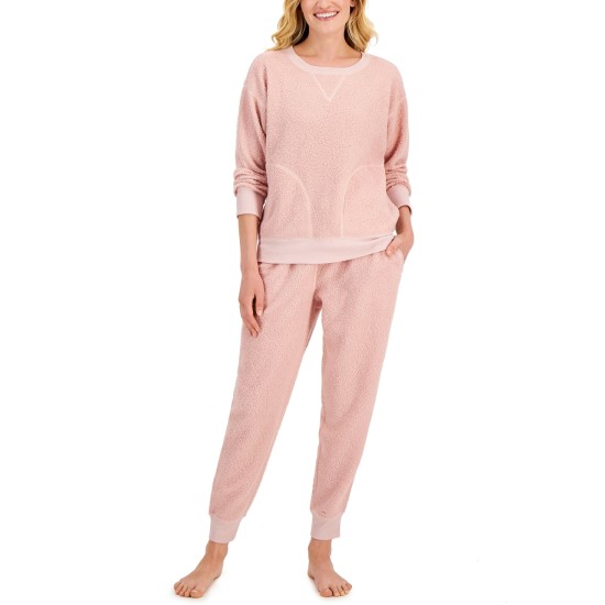  Women’s Solid Sherpa Pajama Set, Pink, Small