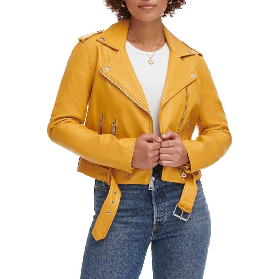 Levi’s Women’s Faux-Leather Belted Hem Moto Jacket, Gold, Large