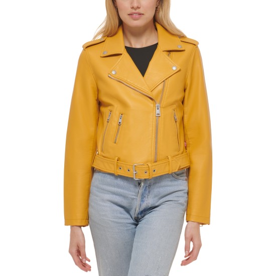 Levi’s Women’s Faux-Leather Belted Hem Moto Jacket, Gold, Large