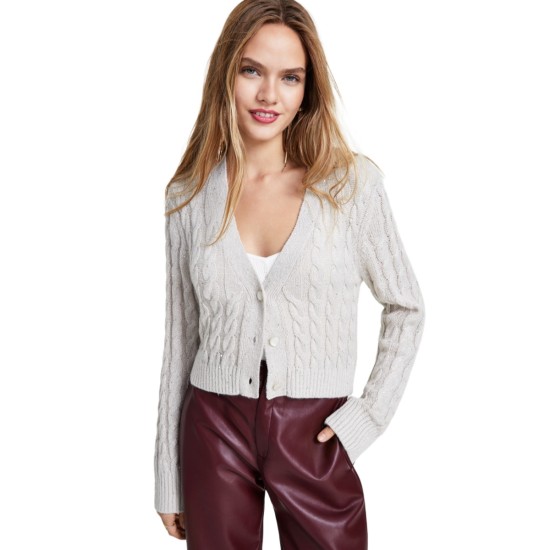  Women’s Glitter Cable Knit Button-Front Cardigan, Cream, Large