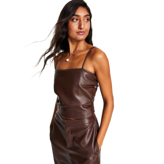  Women’s Smocked-Back Faux-Leather Spaghetti-Strap Top, Brown, Small