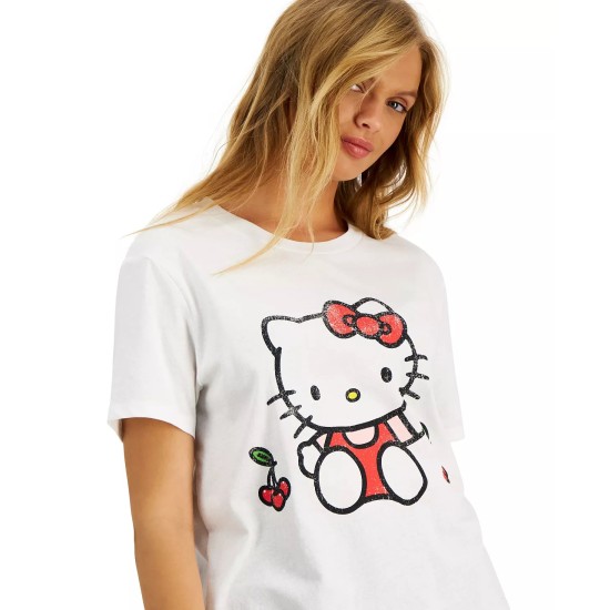  Juniors’ Crew-Neck Cherries-Hello-Kitty-Graphic T-Shirt, White, XS