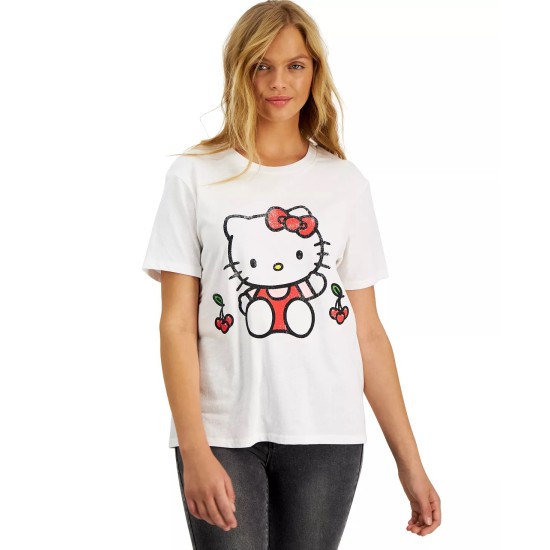  Juniors’ Crew-Neck Cherries-Hello-Kitty-Graphic T-Shirt, White, XS