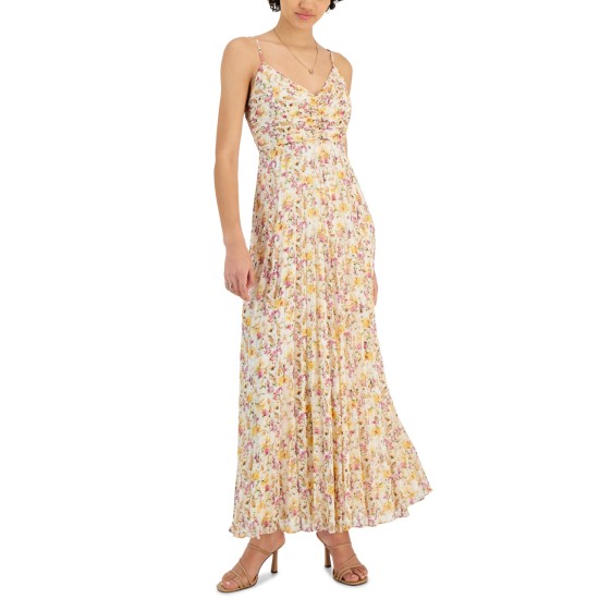  Imelda Pleated Metallic Dress, Yellow Floral, Small