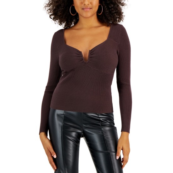  Women’s Ribbed-Knit Long-Sleeve Split-Neck Top, Brown, Medium