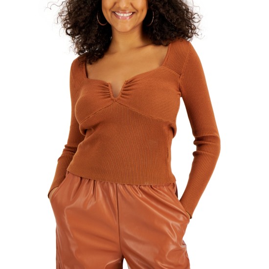  Women’s Ribbed-Knit Long-Sleeve Split-Neck Top, Rust, Small