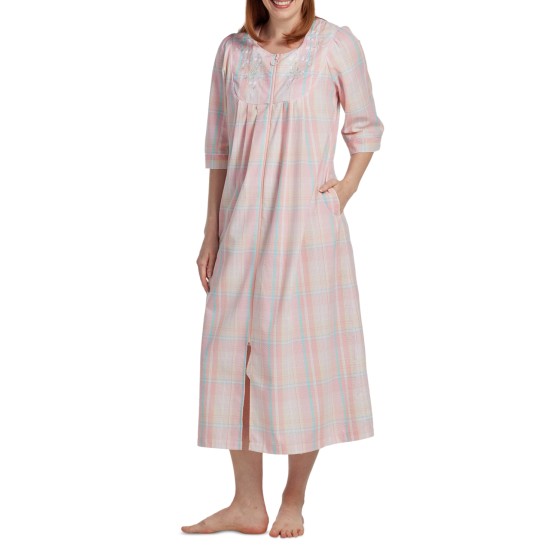  Women’s Embroidered Zip-Front Nightgown, Peach / Turq Plaid, Small