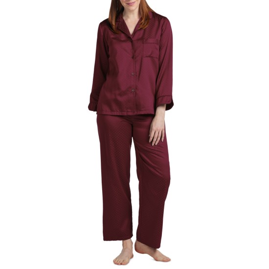  Womens Petite Notched-Collar Pajamas Set, Cranberry, Large