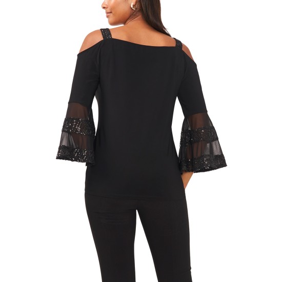  Women’s Cold-Shoulder Illusion Bell-Sleeve Top, Black, XL