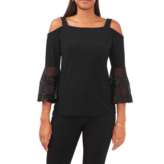  Women’s Cold-Shoulder Illusion Bell-Sleeve Top, Black, Medium