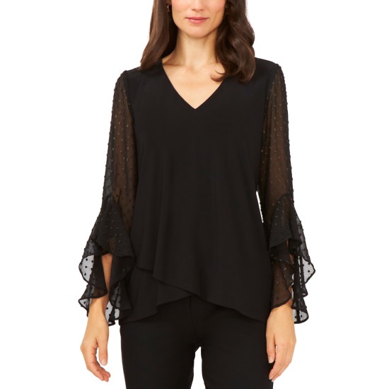  Womens Embellished-Ruffle-Sleeve Top, Black, XL
