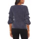  Women’s Glitter-Knit Tiered-Sleeve Surplice Top, Navy Silver, Large