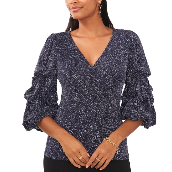  Women’s Glitter-Knit Tiered-Sleeve Surplice Top, Navy Silver, Medium