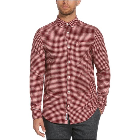  Men’s Jasper Gingham Woven Cotton Shirt, Medium, Red Dahlia