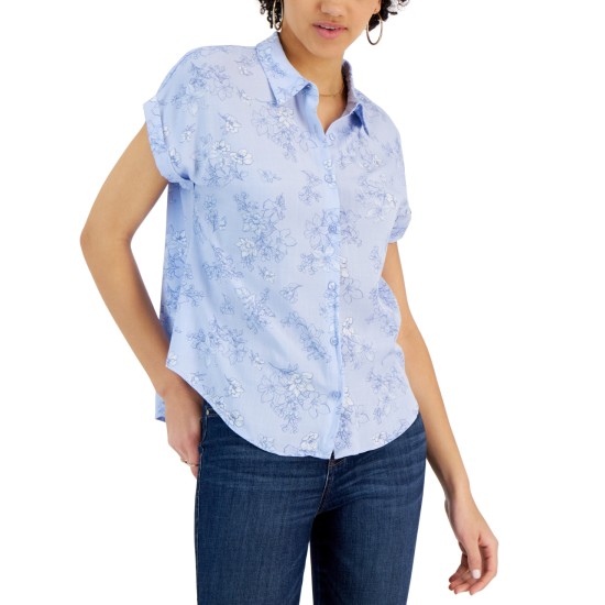  Juniors’ Dolman-Sleeve Button-Front Top, Blue, Large