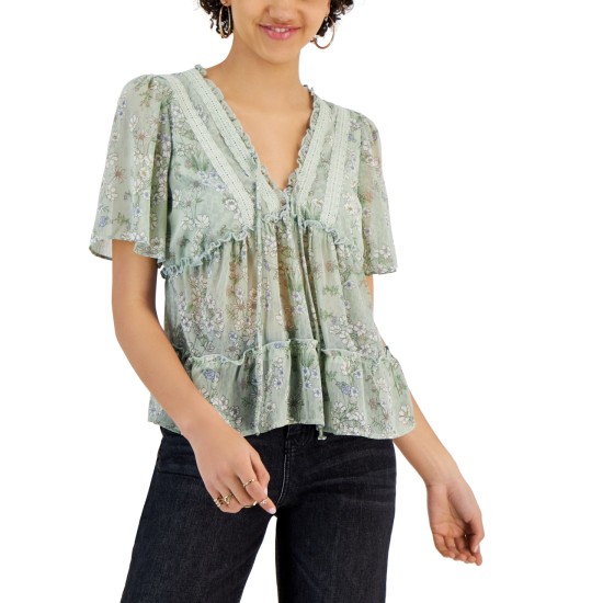  Juniors’ Floral-Print Flutter-Sleeve V-Neck Top, Green, Small