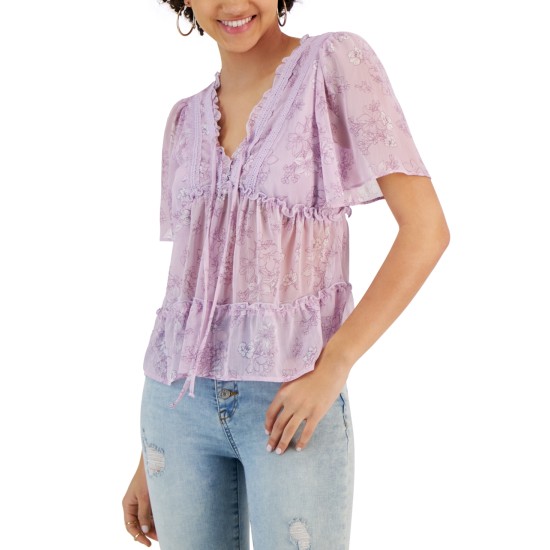  Juniors’ Floral-Print Flutter-Sleeve V-Neck Top, Lilac, Small
