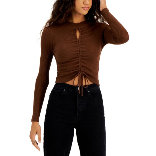  Juniors’ Long Sleeve Mock Neck Keyhole Top, Brown, Small